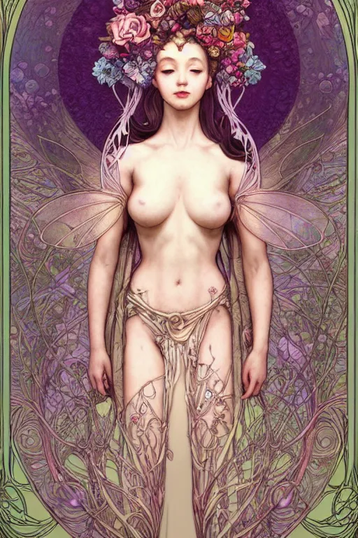 Prompt: full length portrait of a beautiful mysterious fairy with flowery tall headgear, without hands, by eve ventrue, artgerm, thomas kinkade, hayao miyazaki. art nouveau. tarot card by mucha. gloomhaven. swirly intricate linework background. gaudy colors, sharp edges. octane render