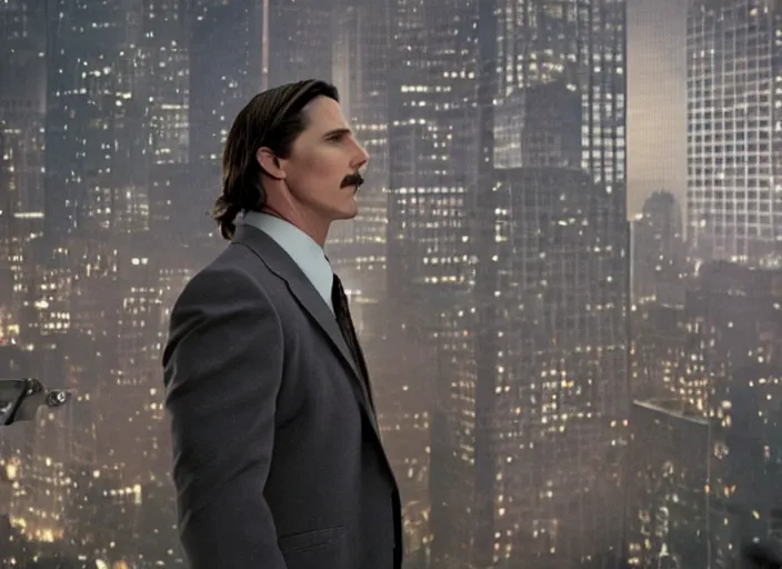 Image similar to film still of Christian Bale as Cobb with the world bending in the background in Inception, 4k