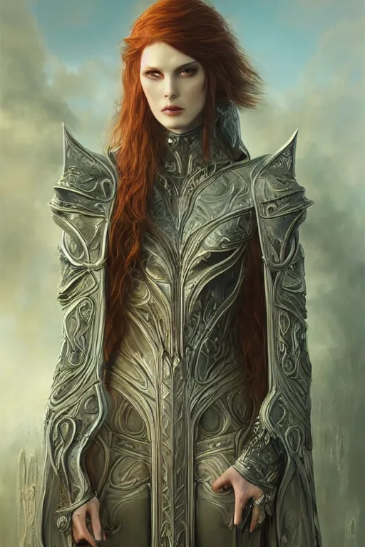 Prompt: ultra realist soft painting of a single gothic armored mage in a full long curvy slim dress in Elden Ring, thin long auburn hair, symmetry accurate features, very intricate details, volumetric lighting, by Tom Bagshaw Boris Vallejo