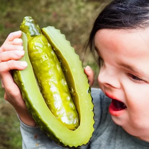 Image similar to a photo of a person unable to eat a pickle properly