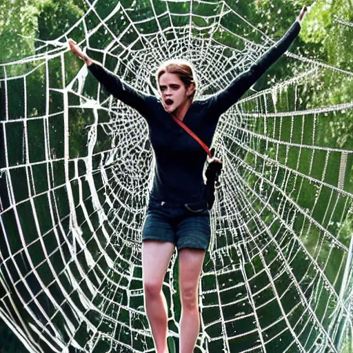 Image similar to upset emma watson hanging from and trapped in a giant spider web