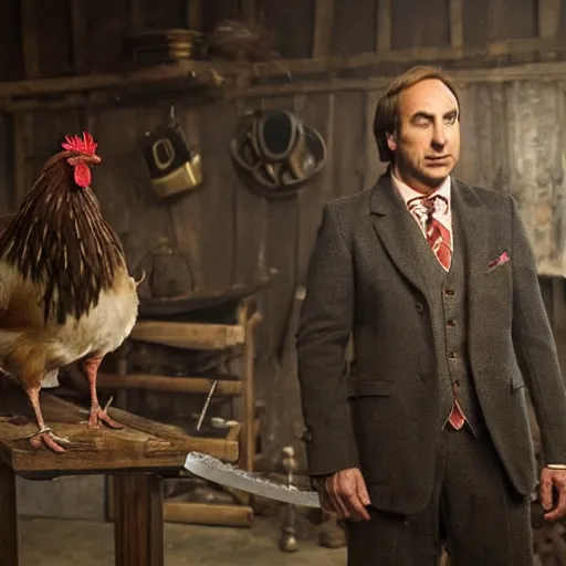 Prompt: saul goodman and a rooster in a medieval torture chamber, saw blades and knives in the background, horror movie, saul goodman!!, rooster!!!!, real life photo, detailed face