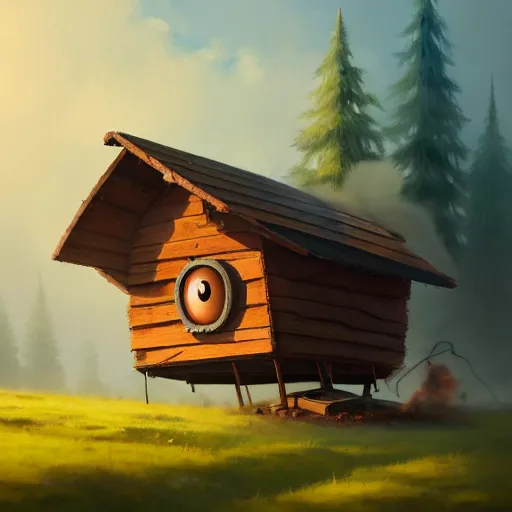 Prompt: a walking wood and metal house with two legs and one big eye, smoke chimney, rust, hyperrealistic, highly detailed, cinematic, single ray of sun, morning, pareidolia, gravity falls style, disney, ghibli, beautiful, cgssociety, artstation, 8 k, oil painting, digital art