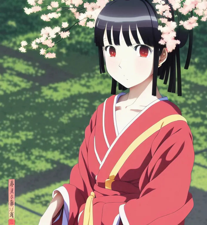 Image similar to anime visual, full body portrait of a japanese woman in traditional clothes outside a temple sweeping the ground, cute face by ilya kuvshinov, yoshinari yoh, makoto shinkai, katsura masakazu, dynamic perspective pose, detailed facial features, kyoani, rounded eyes, crisp and sharp, cel shad, anime poster, ambient light