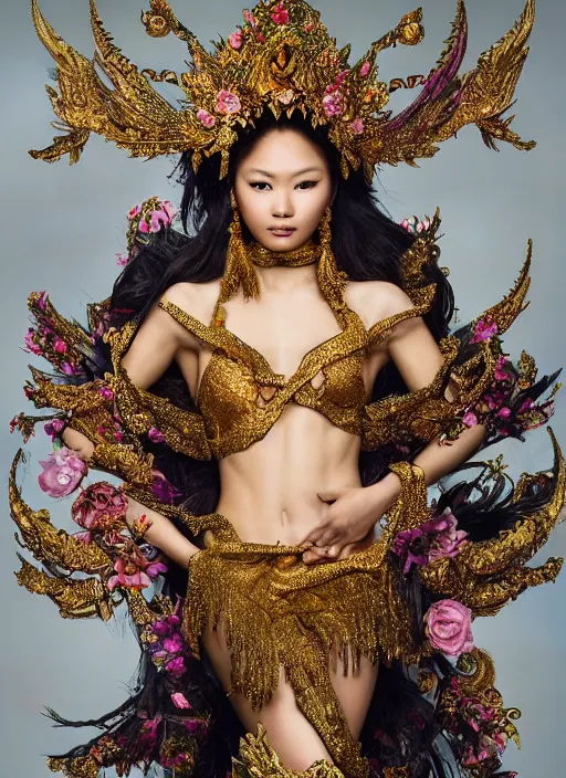 Image similar to expressive full body photo of a thai female model, ornate headpiece made from flowers, ornaments, glamour shot, by karol bak, by stefan gesell, photorealistic, canon r 3, fashion photography, hyper maximalist, elegant, ornate, luxury, elite, environmental portrait, symmetrical features, octane render, unreal engine, solid dark grey background, dramatic lights