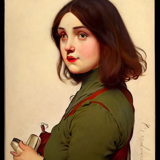 Image similar to A portrait of a plump woman, a cute art neuveau woman with straight brown hair in a Bob, no bangs, brown eyes, full face, olive skin, romanian heritage, medium shot, mid-shot, 8k, by mucha