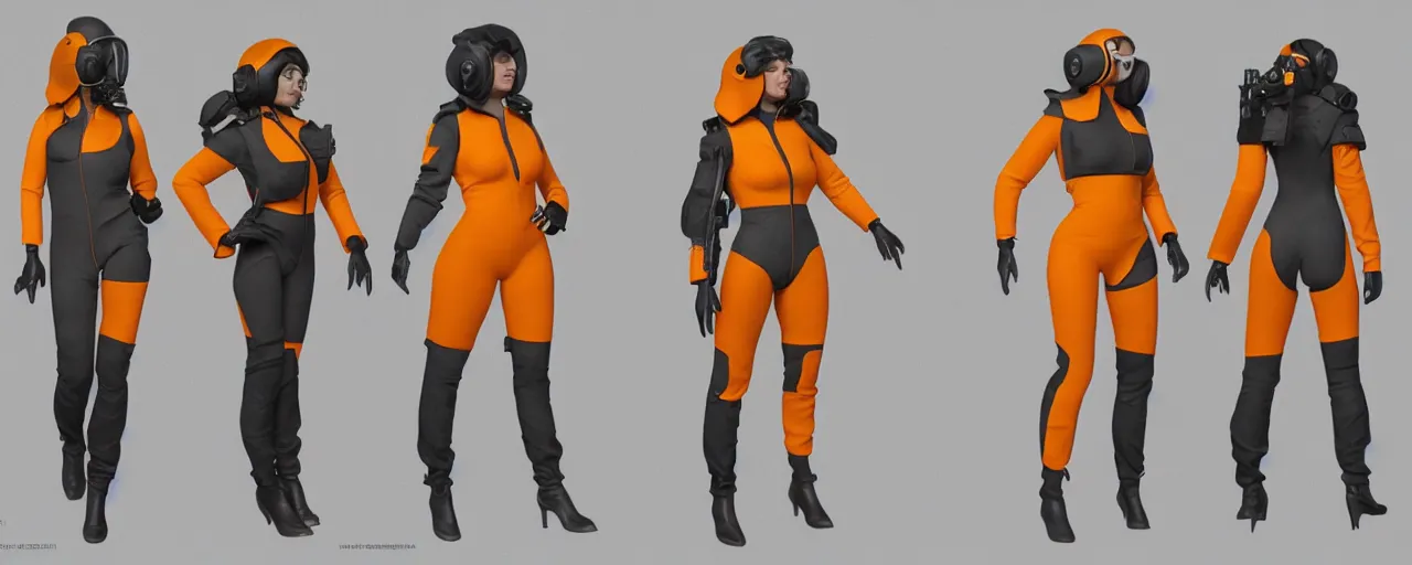 Image similar to character design, fashion reference sheet, curvy, 70's jetfighter pilot girl, optimistic, dirty yellow and orange flight suit, scuffed exoskeleton, concept art, photorealistic, hyperdetailed, 3d rendering!, rimlight , art by Frazetta,