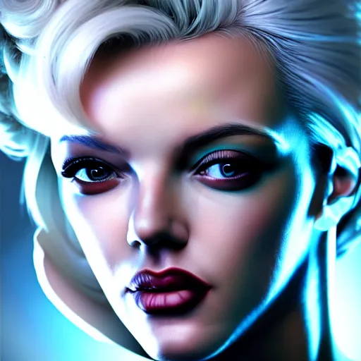 Image similar to portrait painting of a cyberpunk hacker who looks like marilyn monroe, ultra realistic, concept art, intricate details, eerie, highly detailed, photorealistic, octane render, 8 k, unreal engine. art by artgerm and greg rutkowski and charlie bowater and magali villeneuve and alphonse mucha