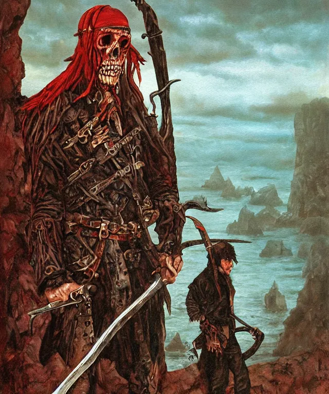 Prompt: ultra realistic color portrait painting of an undead pirate with a sword in a grotto, dark, painted, brooding, atmospheric, seascape, lovecraft, horror, smooth, epic, highly detailed, cinematic, by angus mcbride