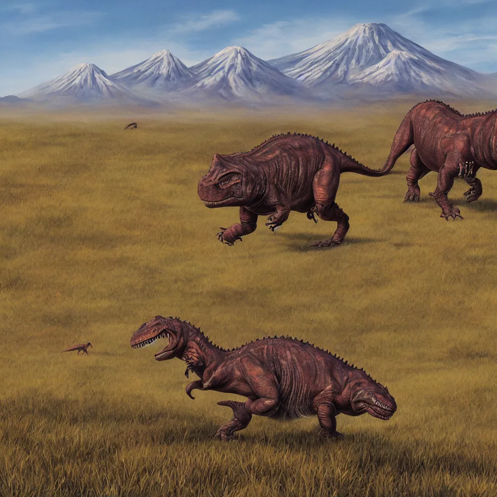 Image similar to a highly-detailed painting of a large t-rex walking through a vast savanna with mountains and volcanoes in the background