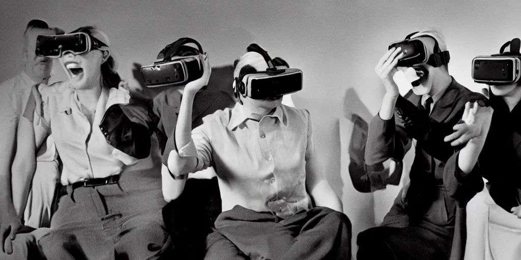 Prompt: people from the 1 9 5 0 s playing with virtual reality goggles