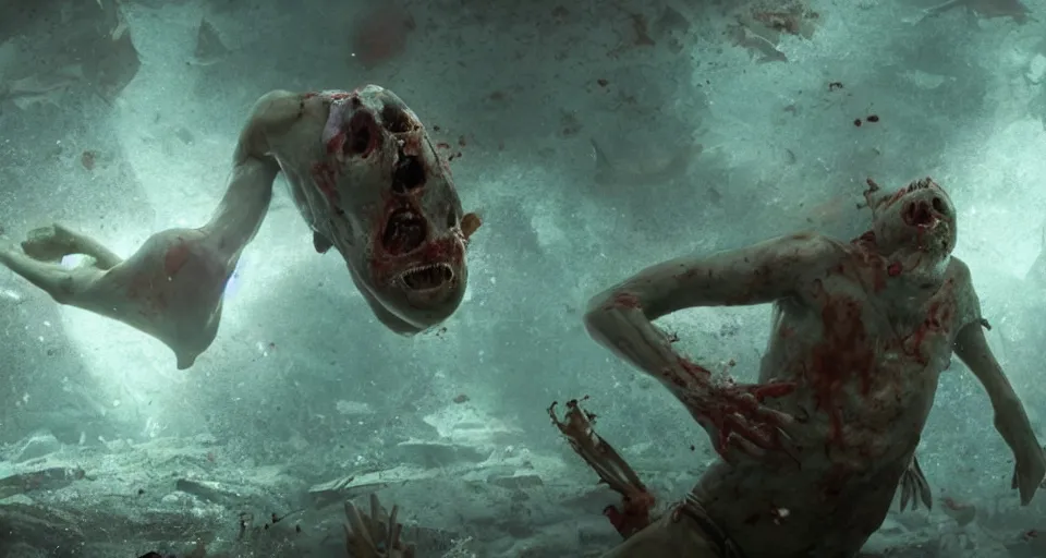 Image similar to a zombie swimming underwater in a zombie - apocalypse, by greg rutkowski, octane render, lightbeams in the water