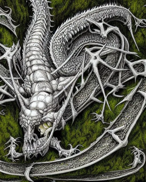 Image similar to white dragon skeleton covered in moss and flowers, intricate details, hyperrealistic, hr giger