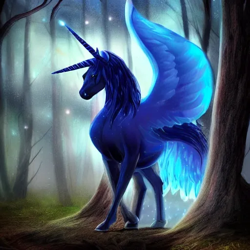 Image similar to black unicorn with glowing blue eyes and big eagle wings standing on its hind legs, magical, sparkles, soft glow, fantasy, ethereal, nighttime forest, trending on artstation