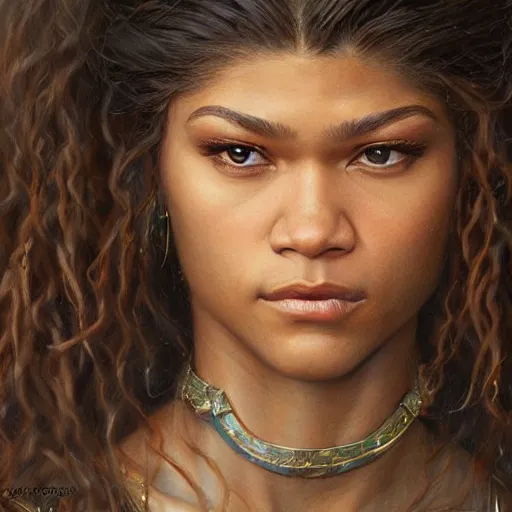 Image similar to zendaya as a realistic fantasy character, closeup portrait art by donato giancola and greg rutkowski, realistic face, digital art, trending on artstation, symmetry!!