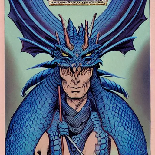 Image similar to head and shoulders portrait of a medieval d & d fantasy anthropomorphic blue dragon - headed sorcerer, comic book cover art by phil noto, frank miller, jeff easley, and hr giger