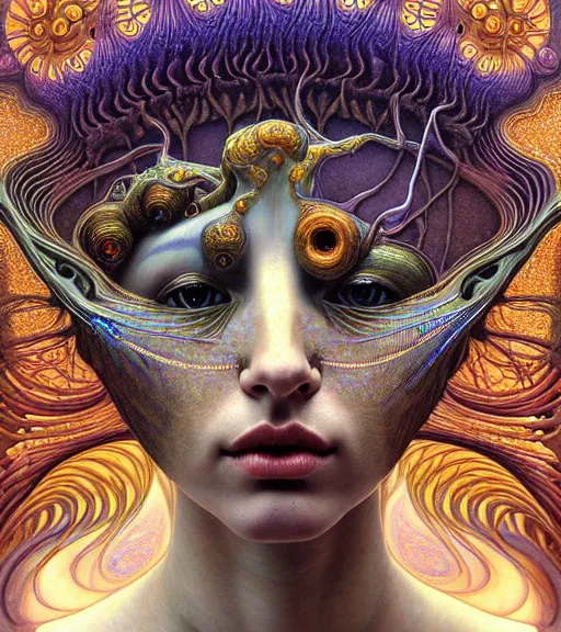 Prompt: detailed realistic beautiful young groovypunk queen of andromeda galaxy in full regal attire. face portrait. art nouveau, symbolist, visionary, baroque, giant fractal details. horizontal symmetry by zdzisław beksinski, iris van herpen, raymond swanland and alphonse mucha. highly detailed, hyper - real, beautiful