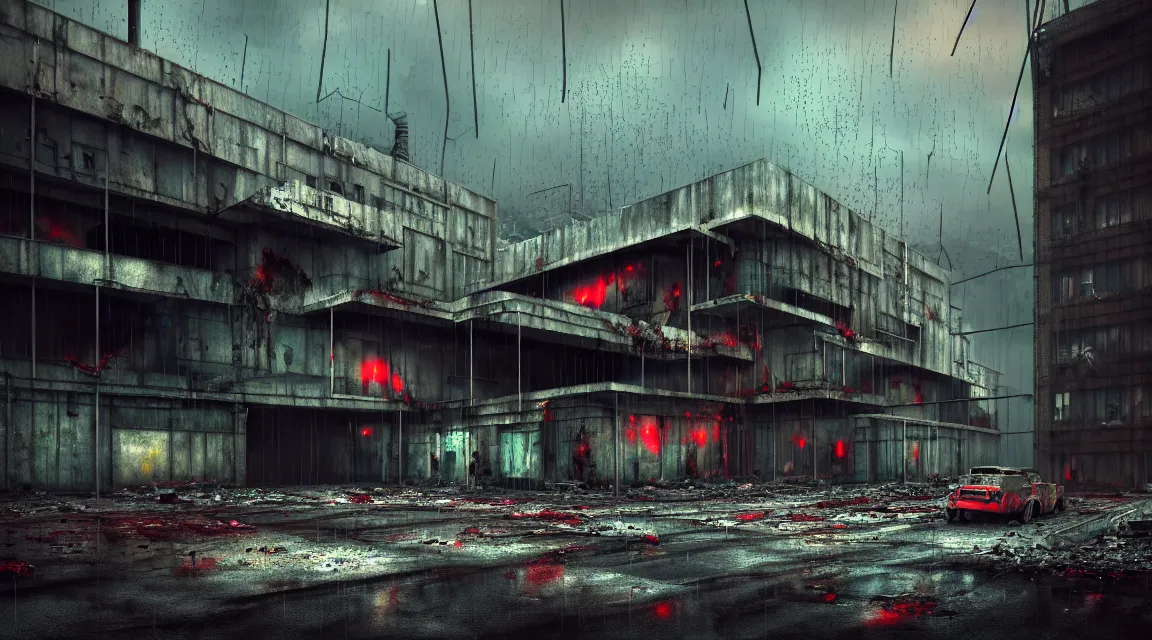 Image similar to post apocalyptic factory building, raining, building, avenue, modern contemporary urban americana concrete architecture, by pascal blanche, neil blevins, apocalyptic color palette, trending on artstation, photorealistic, neon ambiance, ultra detailed, high definition, depth of field, bokeh, rubble, wild vegetation, blood stains, building crumbling