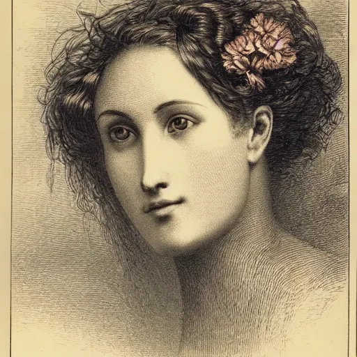 Image similar to extreme close-up, portrait of a beautiful french woman with flower in head, Gustave Dore lithography