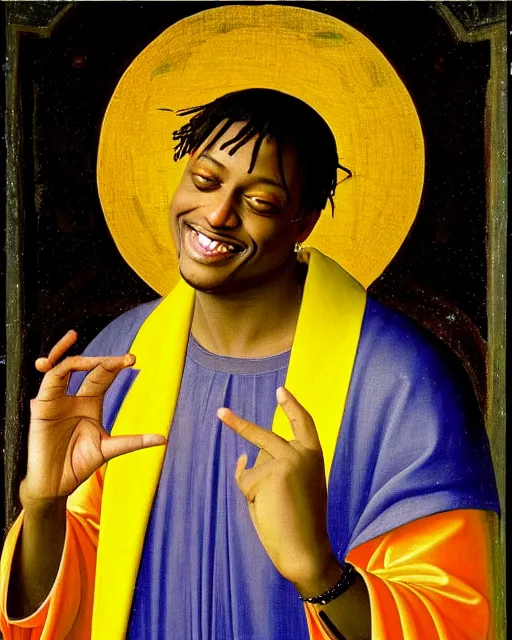 Image similar to rapper juice wrld legend rockstar smiling with a yellow halo above his head by fra angelico renaissance painting