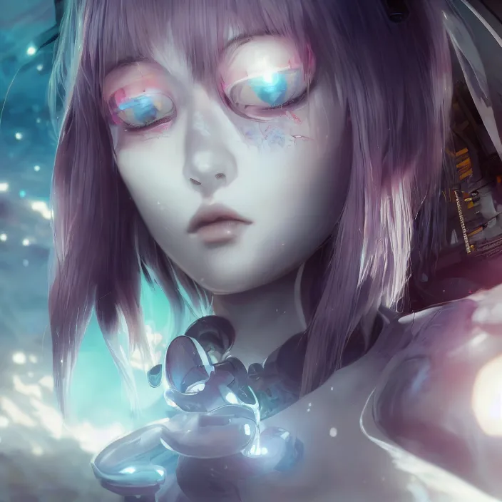 Image similar to beautiful anime girl cyborg looking surreal - by tom bagshaw, by ilya kuvshinov, rtx rendering, octane render 1 2 8 k, maya, extreme high intricate details by wlop, digital anime art by ross tran, medium shot, close up shot, composition by sana takeda, dramatic lighting by greg rutkowski, 8 k, trending on artstation