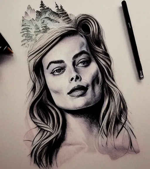 Image similar to tattoo design sketch of margot robbie and beautiful mountain scenery mash up, in the style of arlo dicristina, surrealist, amazing detail, sharp
