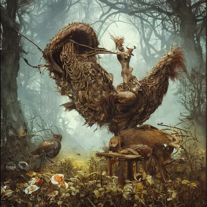 Image similar to a photograph of old hut hybrid with giant hen legs. by tom bagshaw, donato giancola, hans holbein, walton ford, gaston bussiere, brian froud, peter mohrbacher and magali villeneuve. 8 k, cgsociety