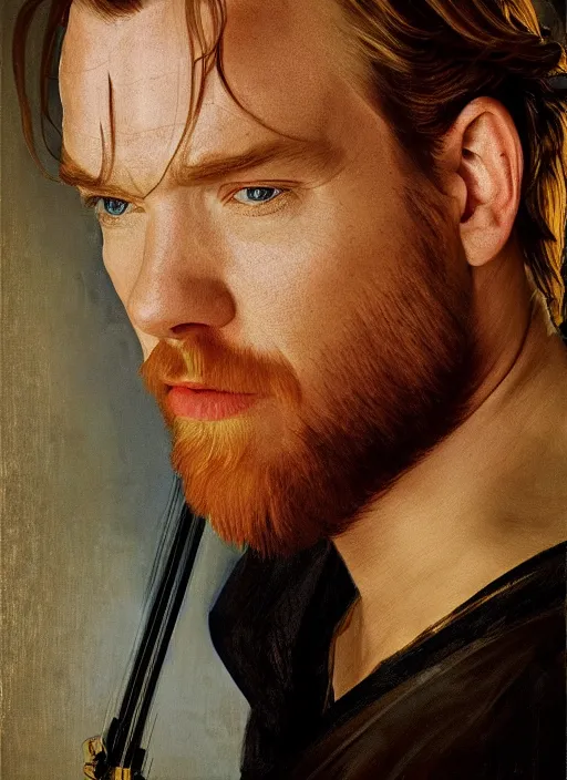 Prompt: Beautiful half body portrait of Ewan McGregor's Obi-Wan Kenobi, intricate, elegant, digital painting, ilustratiom, artwork by Vermeer and alphonse mucha