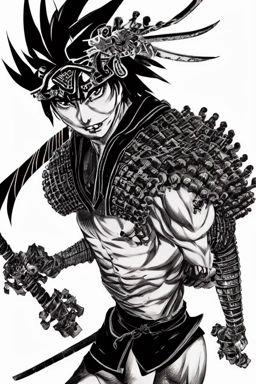 Prompt: demon samurai warrior , short hair, made by Yusuke Murata, Tomohiro Shimoguchi, Takeshi Obata, Tite Kubo, ArtStation, CGSociety, direct gaze, beautiful face, mountains in the background, perfect composition, symmetrical face,symmetrical eyes, detailed mouth, detailed arms, symmetrical arms