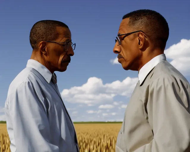 Image similar to a long shot of walter white and gustavo fring stand facing each other from a distance in a wheat field, side view, 3 5 mm photograph, 8 k resolution, wide shot, sharp lens