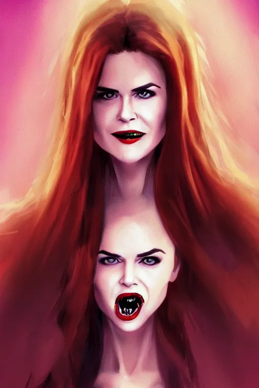 Image similar to mix of beautiful young maria shriver, mariel hemmingway, brooke shields, nicole kidman and elle macpherson as a vampire with mouth open with sharp teeth, thin lips, hair tied up in a pony tail, dark blonde hair, colorful, artstation, cgsociety