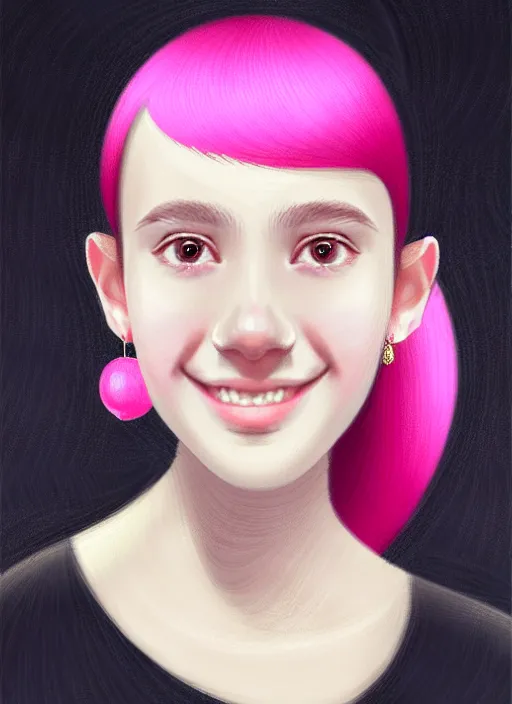 Image similar to portrait of teenage girl, narrow face, black hair, bangs, half updo hairstyle, skinny, big nose, smile, unattractive, defined jawline, big chin, wearing pink hair bow, earrings, intricate, elegant, glowing lights, highly detailed, digital painting, artstation, sharp focus, illustration, art by wlop, mars ravelo and greg rutkowski