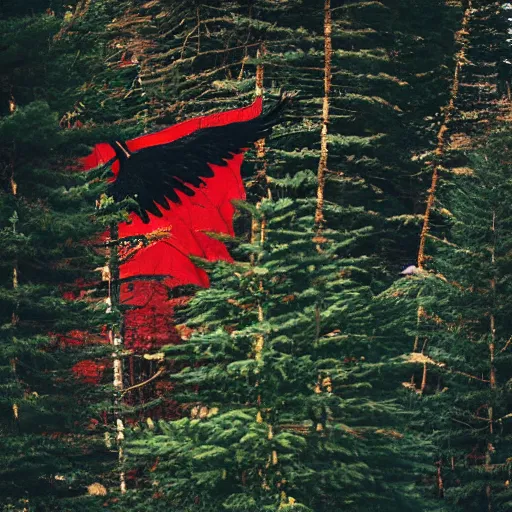 Image similar to black eagle with red eyes fighting a white dragon over a spruce tree forest