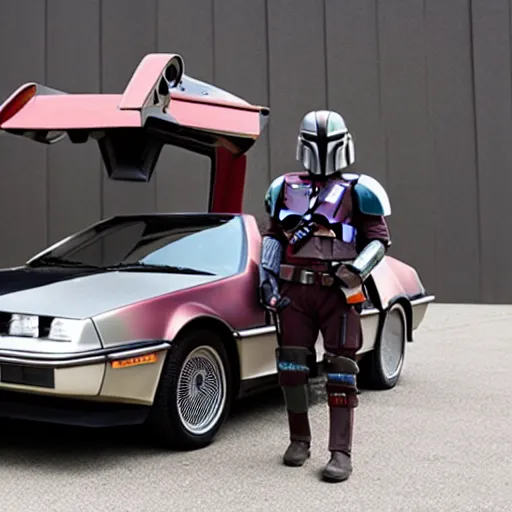 Prompt: the ( mandalorian ) standing next to a delorean