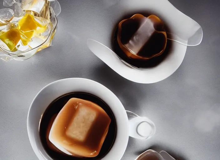 Image similar to a huge amount of ice cubes and a single shot of espressor, food photography, incredible lighting