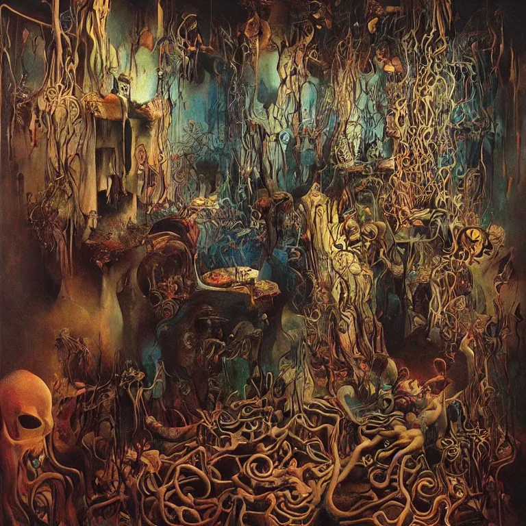 Image similar to room of chaos by salvador dali, dark art by james jean, zdzislaw beksinski, abstract surrealism, deep rich colors, masterpiece