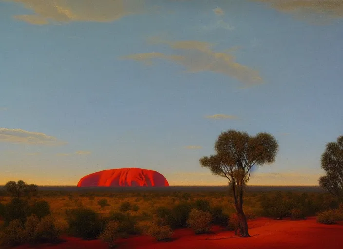 Image similar to uluru, australia in the style of hudson river school of art, oil on canvas