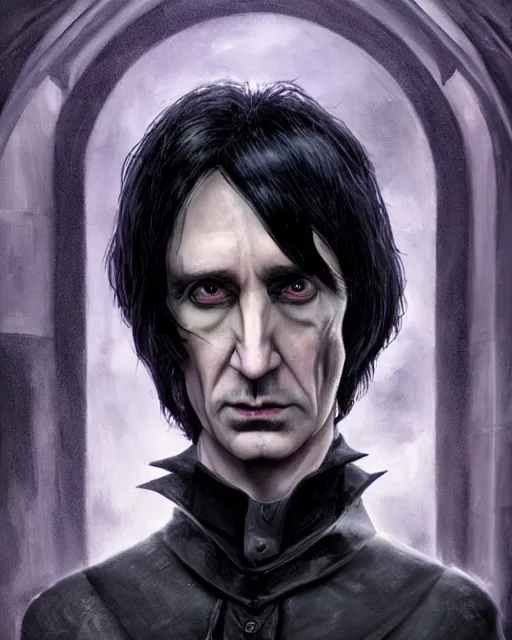 Image similar to An epic fantasy comic book style portrait painting of a very imposing Industrial goth Trent Reznor as Severus Snape at Hogwarts, character design by Mark Ryden and Pixar and Hayao Miyazaki, unreal 5, DAZ, hyperrealistic, octane render, cosplay, RPG portrait, dynamic lighting, intricate detail, cinematic