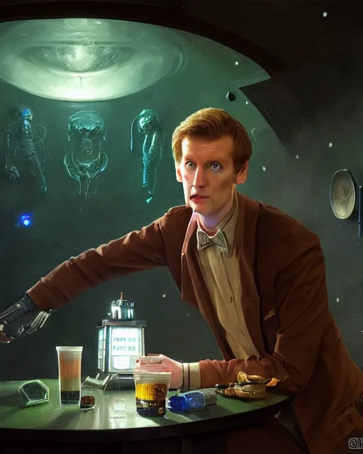 Image similar to medium - shot vislor turlough played by mark strickson at age 1 8, at the alien space pub bar counter, highly detailed, mood lighting, from doctor who series, artstation, highly detailed digital painting, smooth, global illumination, fantasy art by greg rutkowsky, karl spitzweg, leyendecker
