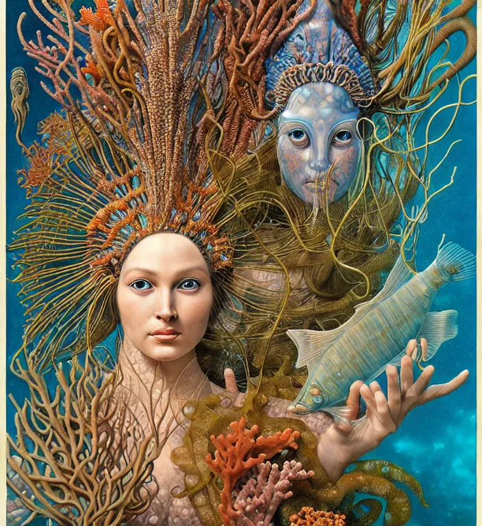 Prompt: realistic detailed underwater portrait of the goddess of the fish of the three times with an intricate headdress of corals, sea kelp, sea plants, fish, jellyfish, art by boris vallejo and ernst haeckel, face in focus in the middle, neo - gothic, gothic,