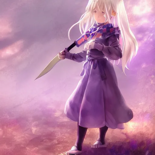 Prompt: advanced digital anime art, WLOP , a small school girl with silver hair wearing a violet dress and bare feet carrying a gigantic axe over the shoulder looking unimpressed , DOF, Gaussian Blur, —W 1920