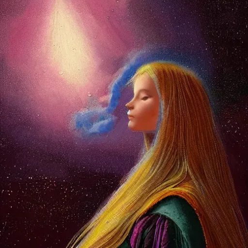 Image similar to A beautiful illustration of a young girl with long flowing hair, looking up at the stars. She appears to be dreaming or lost in thought. mariachi, medieval parchment by Scott Naismith, by Lorenz Hideyoshi, by Michael Whelan vfx, beautiful