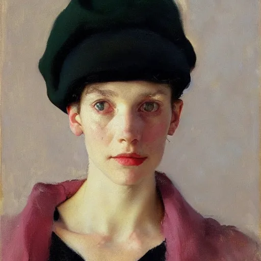 Image similar to stunning masterful portrait of a striking European pale woman with short pink hair wearing a black French beret and high cheek bones by Andrew Wyeth, John Singer Sargent, and Norman Rockwell, natural light, oil painting, ethereal, earth tones, strong brushwork