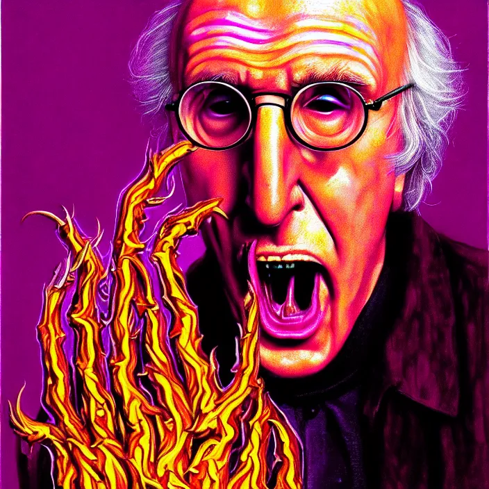 Prompt: bright psychedelic larry david eating SATAN, DIAMANDA GALAS, brain, ribs, flesh, puke, rotten, screaming, diffuse lighting, fantasy, intricate, elegant, highly detailed, lifelike, photorealistic, digital painting, artstation, illustration, concept art, smooth, sharp focus, art by francis bacon