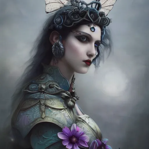 Prompt: tom bagshaw, soft painting fractal curiosities fairy carnival, single beautiful female facing camera huge wings in full nightshade gothic armor, accurate features, focus, very intricate ultrafine details, black white purple volumetric clouds, award winning masterpiece, octane render 8 k hd