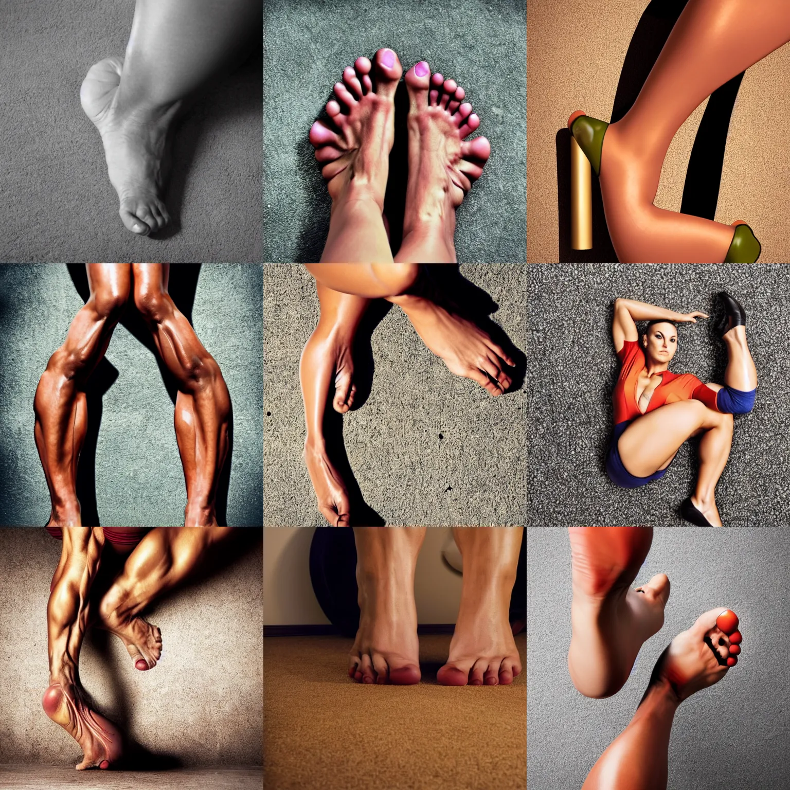 Prompt: photo, a very muscular woman, foot, face, floor,