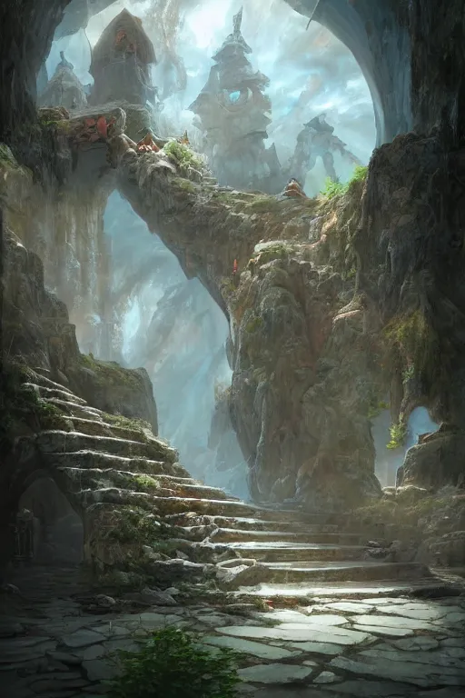 Prompt: matte glossy painting of stone steps fantasy leading do a portal, artstation by emilia dziubak, will terry, greg olsen, chris mars, ann long, and mark brooks, gret ritkowski dramatic, architecture, colorful final fantasy architecture