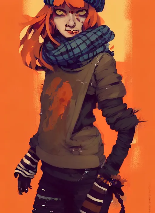 Image similar to highly detailed portrait of a sewer punk lady student, beanie, tartan scarf, curly blonde hair by atey ghailan, by greg rutkowski, by greg tocchini, by james gilleard, by joe fenton, by kaethe butcher, gradient, orange, black, brown and cream color scheme, grunge aesthetic!!! white graffiti tag wall background