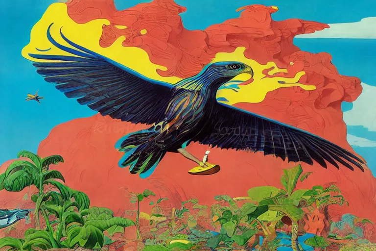 Prompt: colourful bird of prey flying over a tropical island, fluid, smooth, bright, colours, high contrast, sharpness, very detailed, intricate, by dali, magritte, edvard munch, da vinci, donato giancola, richard corben, zdzisław beksinski, moebius, francis bacon, studio ghibli, mucha and studio disney