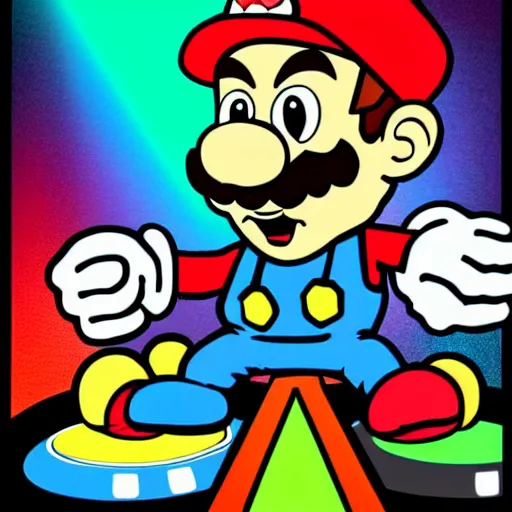 Image similar to svg sticker of a Pop-Wonder SuperMario, Mario-Wearing-a-red-hat, at a rave, spinning records, giant headphones rocking out, wearing headphones, huge speakers, dancing, rave, DJ, spinning records, digital art, amazing composition, rule-of-thirds, award-winning, trending on artstation, featured on deviantart